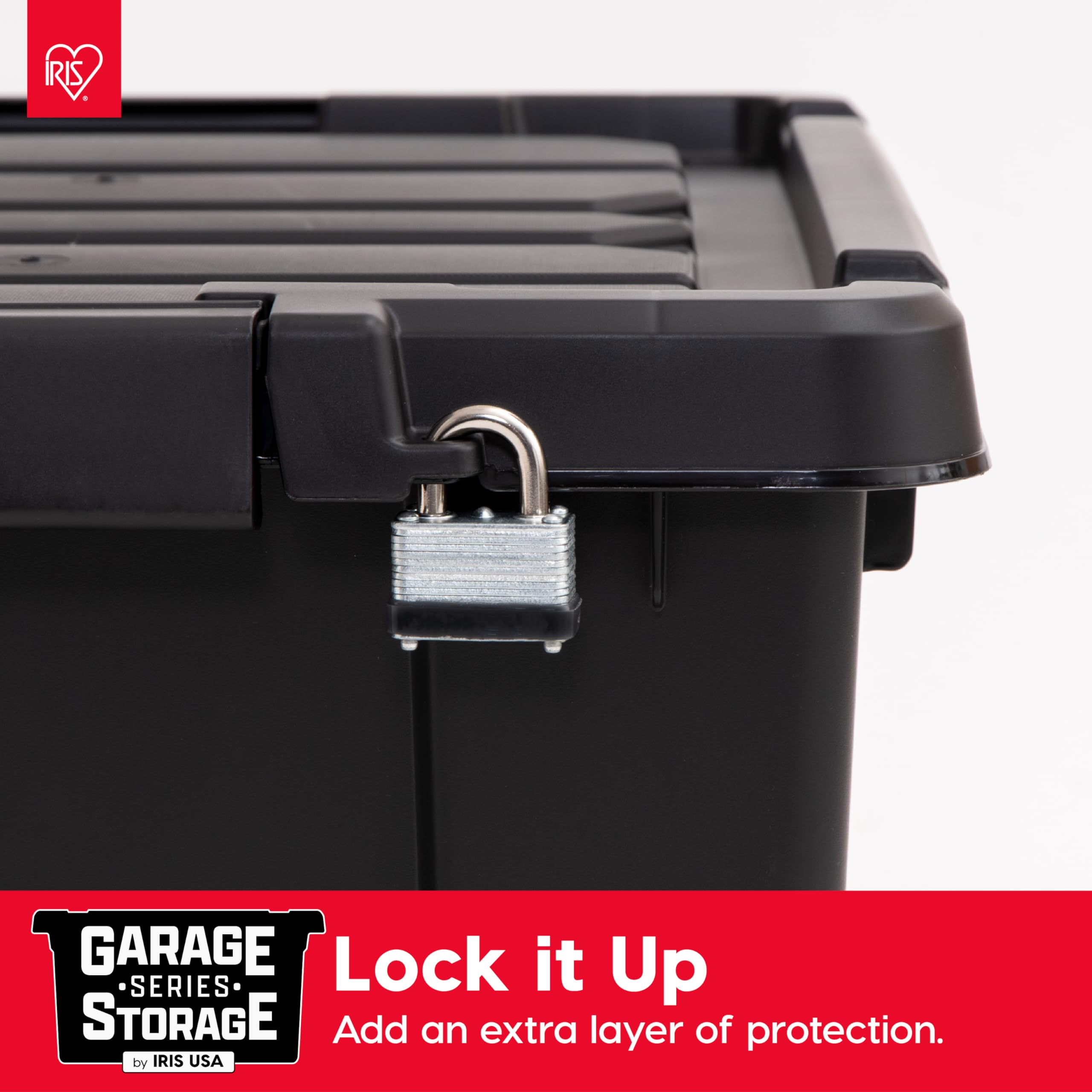 Grooved lid on IRIS USA tote provides built-in tie-down option.