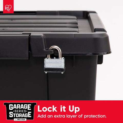 Grooved lid on IRIS USA tote provides built-in tie-down option.