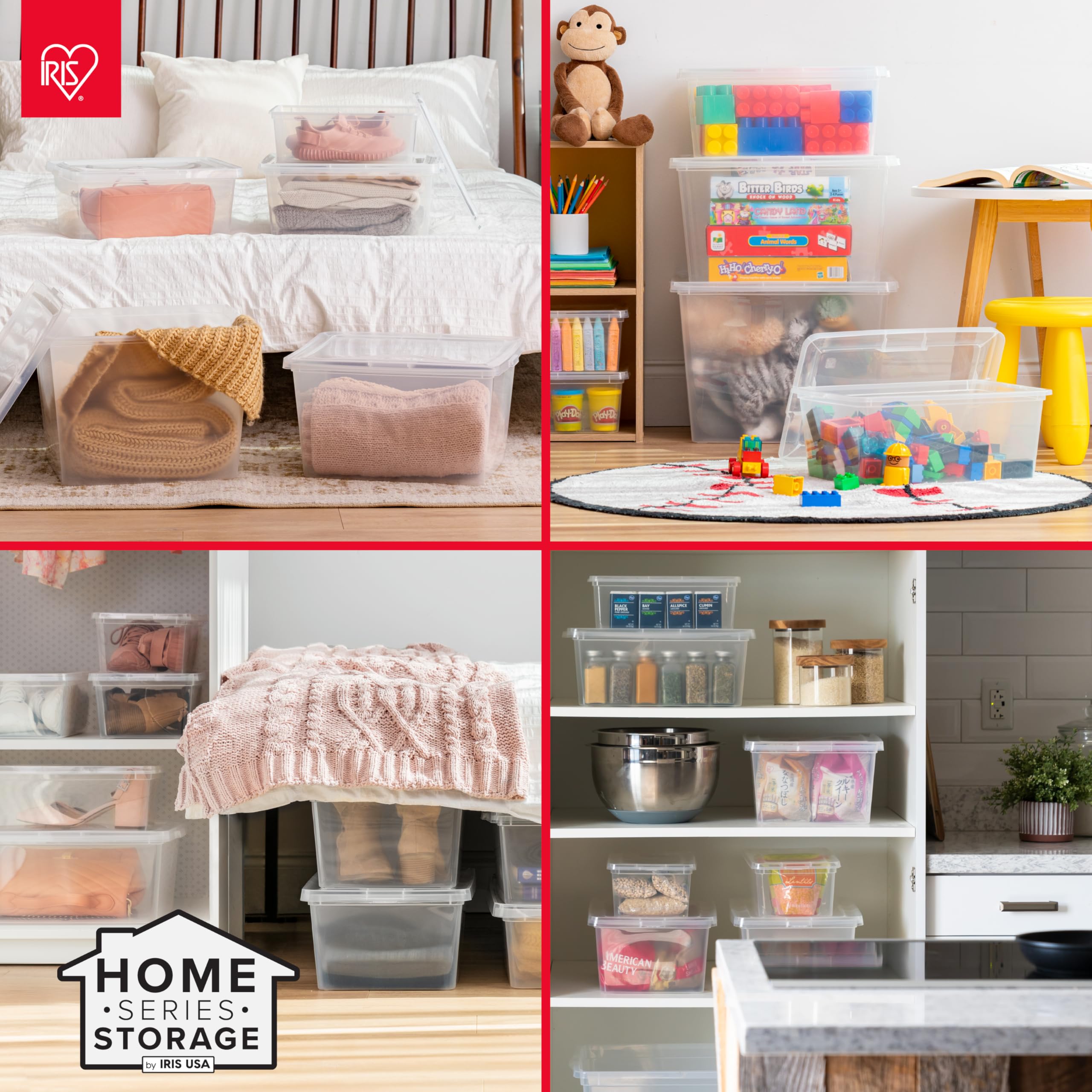 IRIS USA made-in-USA bin features transparent design for easy item retrieval.