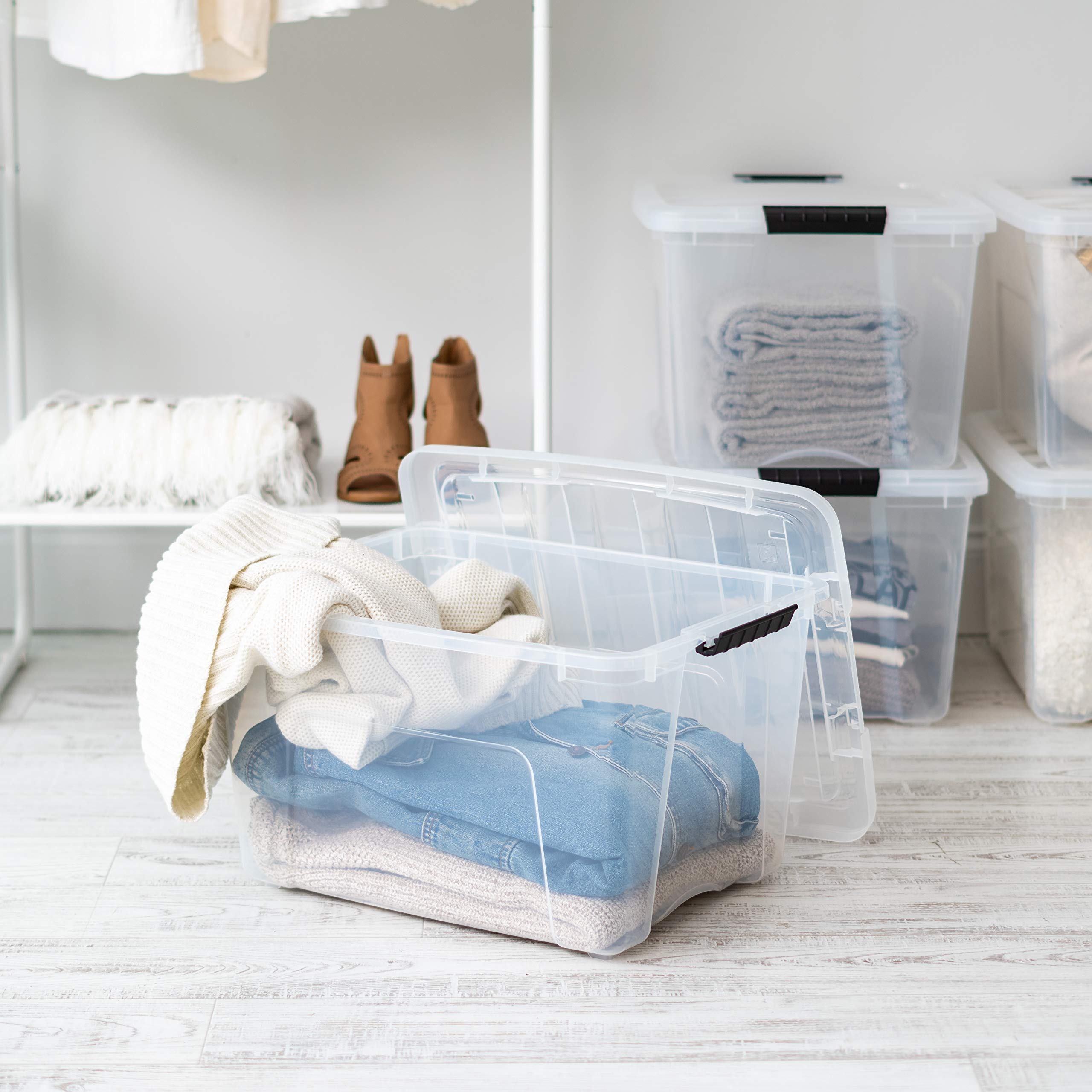 IRIS USA nestable storage bin saves shelf space.