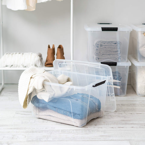 IRIS USA nestable storage bin saves shelf space.