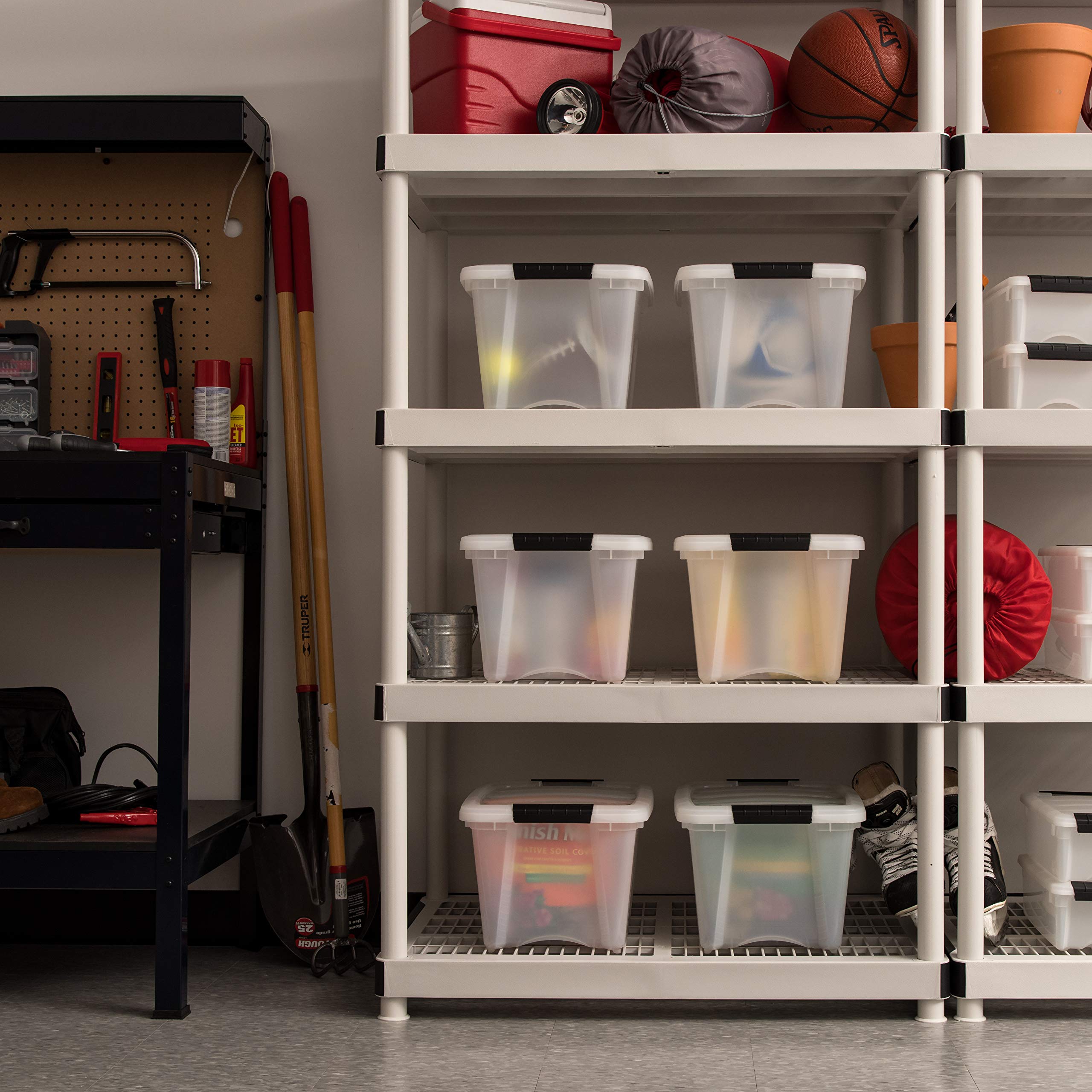 IRIS USA pearl finish bin on a shelf for discreet storage.
