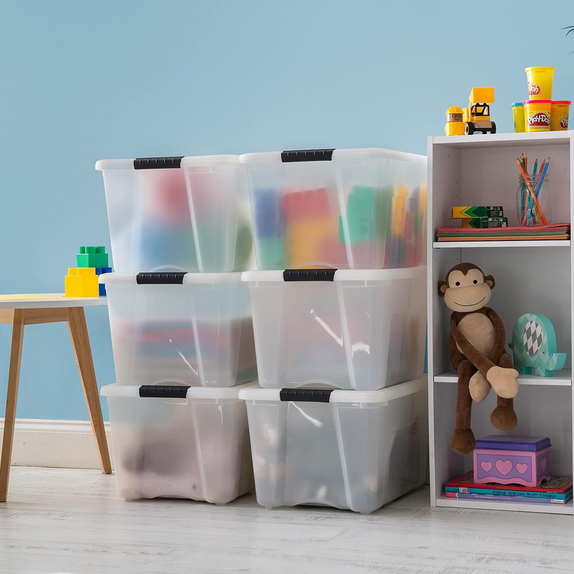 IRIS USA pull handle simplifies removing bins from shelves.