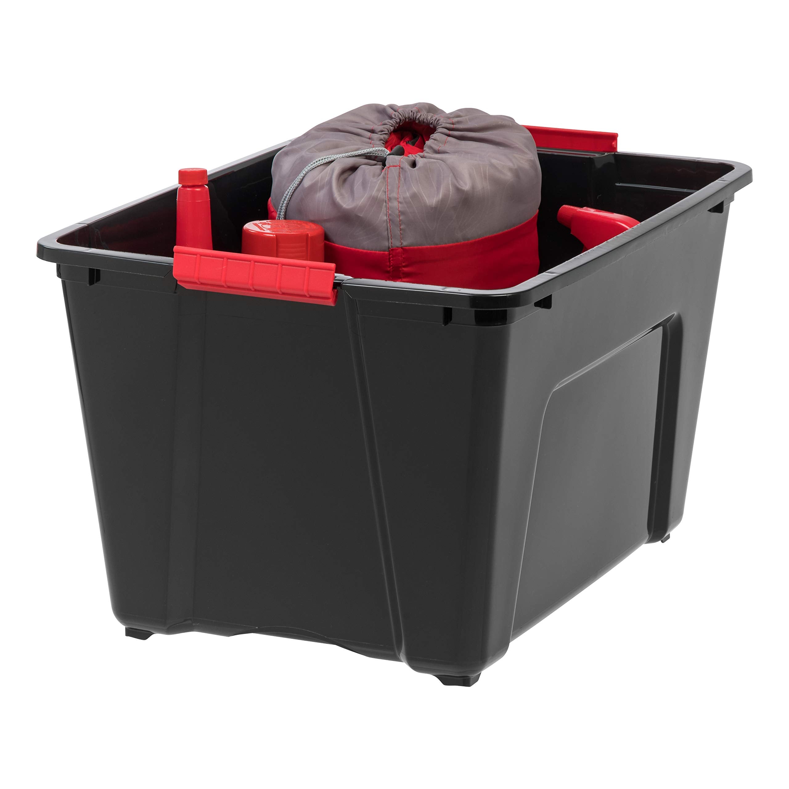 IRIS USA pull handle storage box enables easy reach from high shelves.