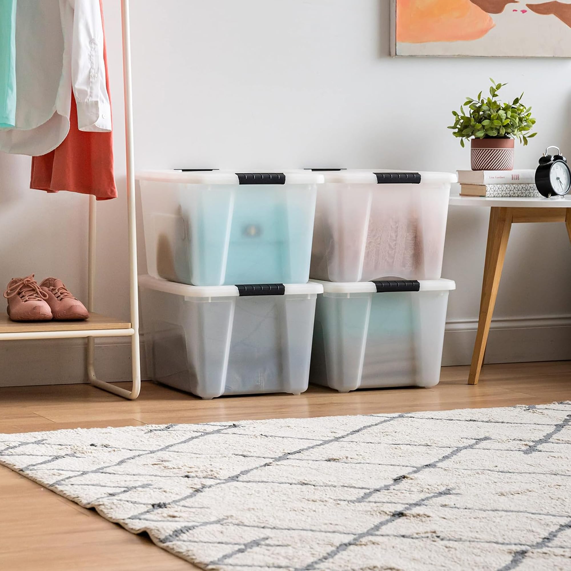 IRIS USA secure-lid stackable bin maximizes storage in home or office.
