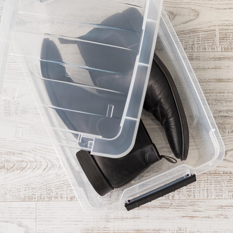 IRIS USA see-through storage bin with lid ideal for shoes and seasonal items.