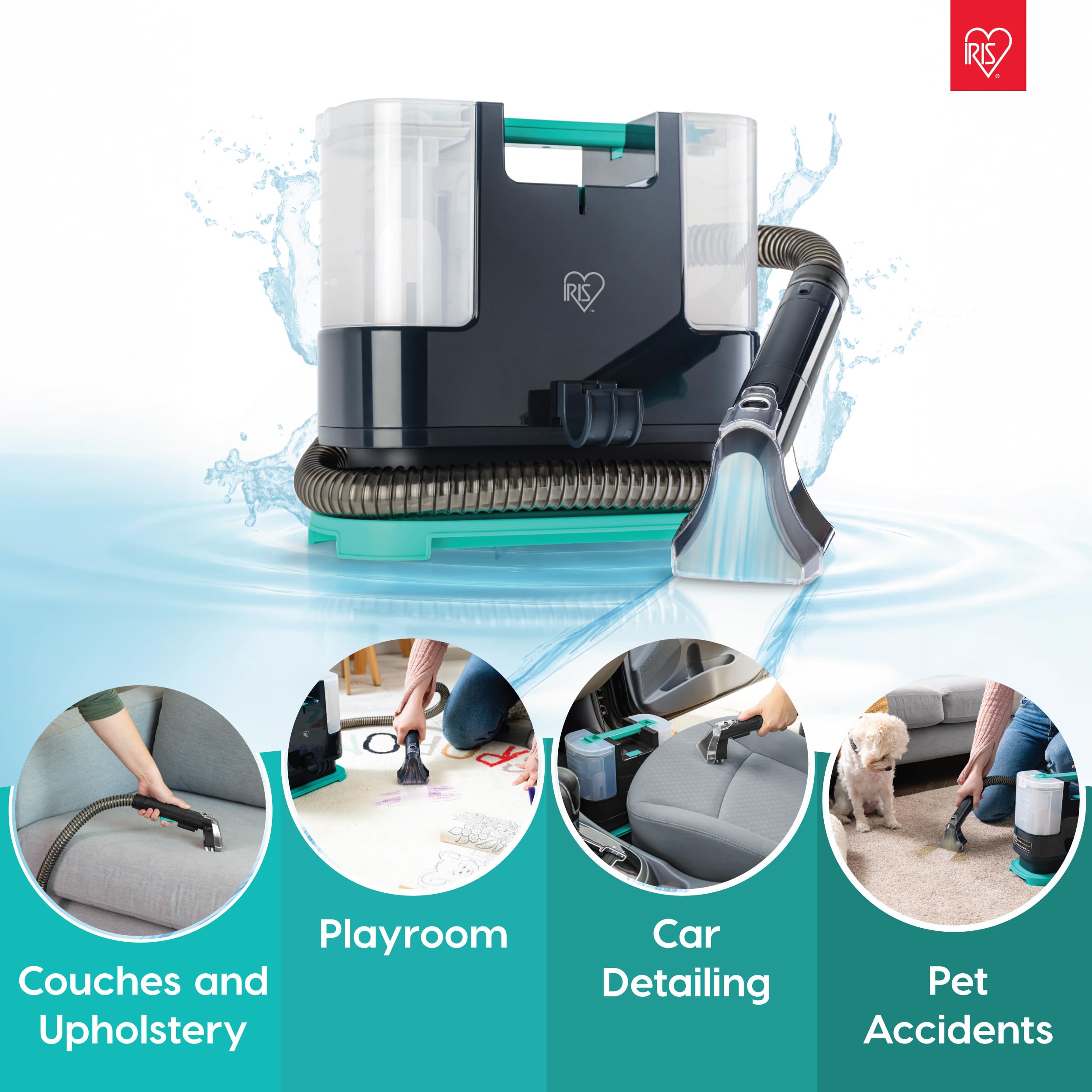 IRIS USA 1000mL water tank highlighted for longer cleaning sessions and less refills