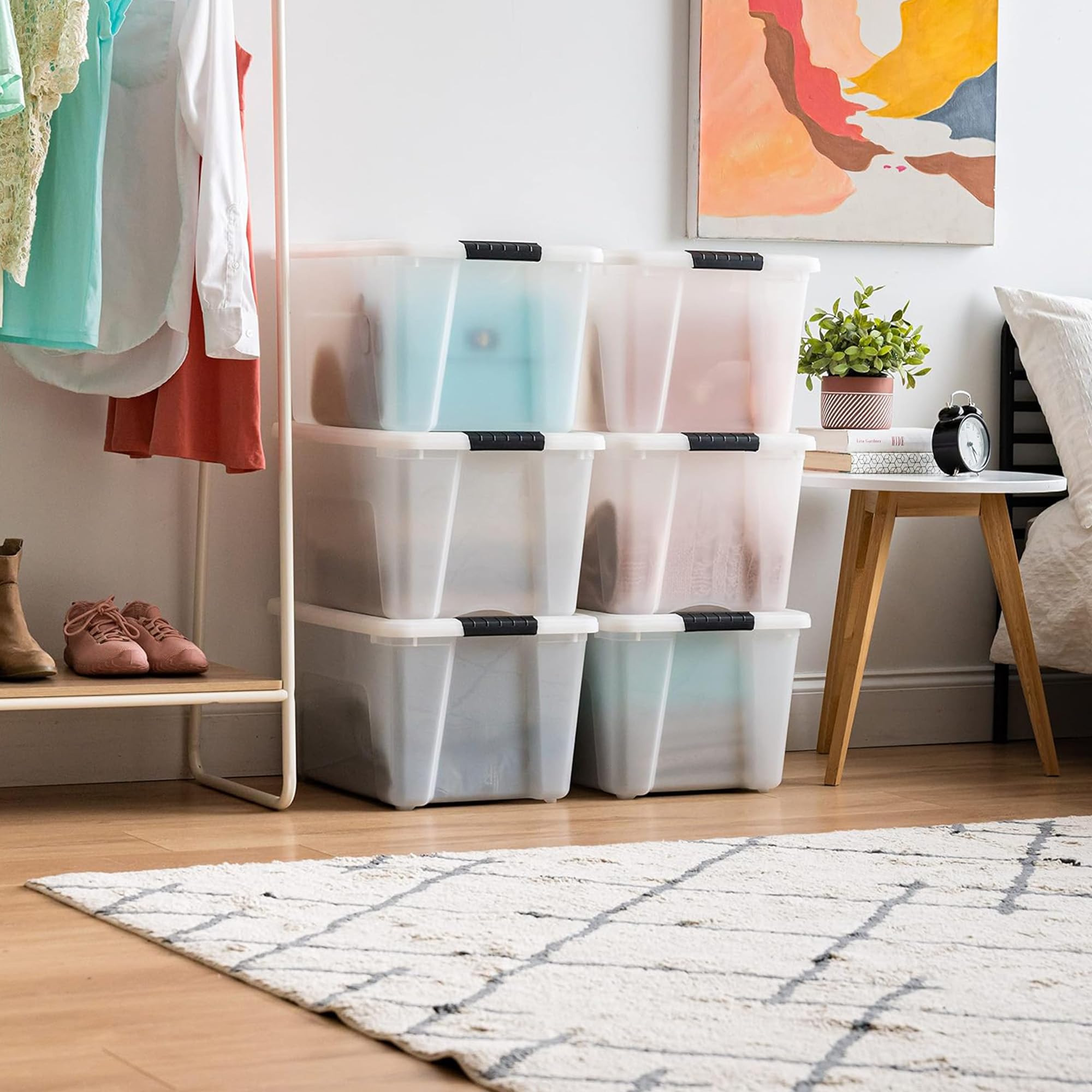 IRIS USA stackable bins save space and simplify closet organization.