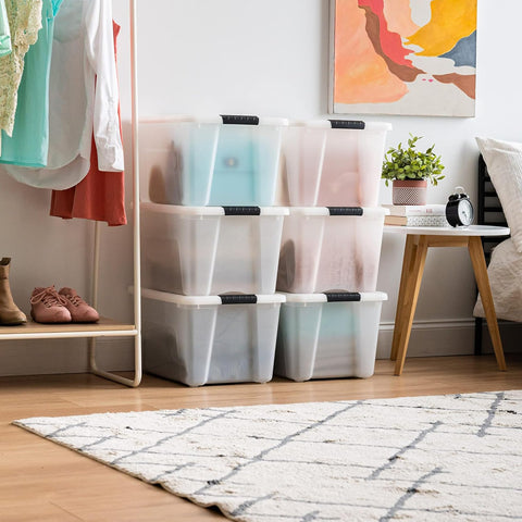 IRIS USA stackable bins save space and simplify closet organization.