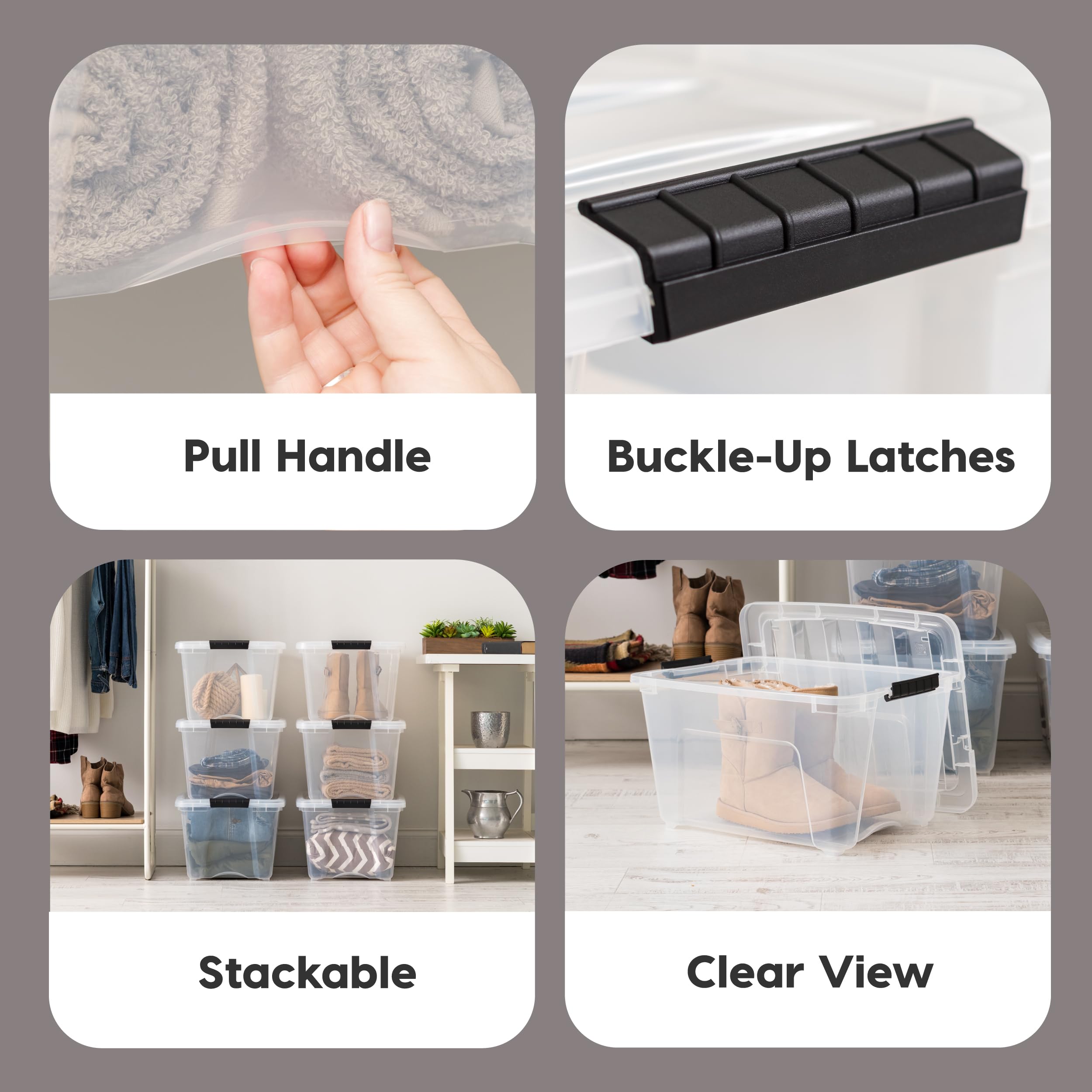 IRIS USA stackable bin with lid maximizing storage space on shelves.