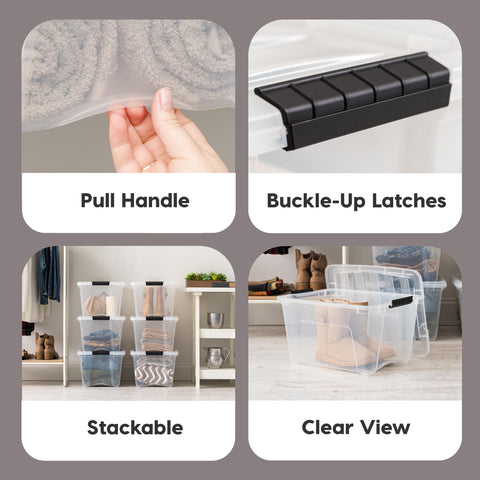 IRIS USA stackable bin with lid maximizing storage space on shelves.