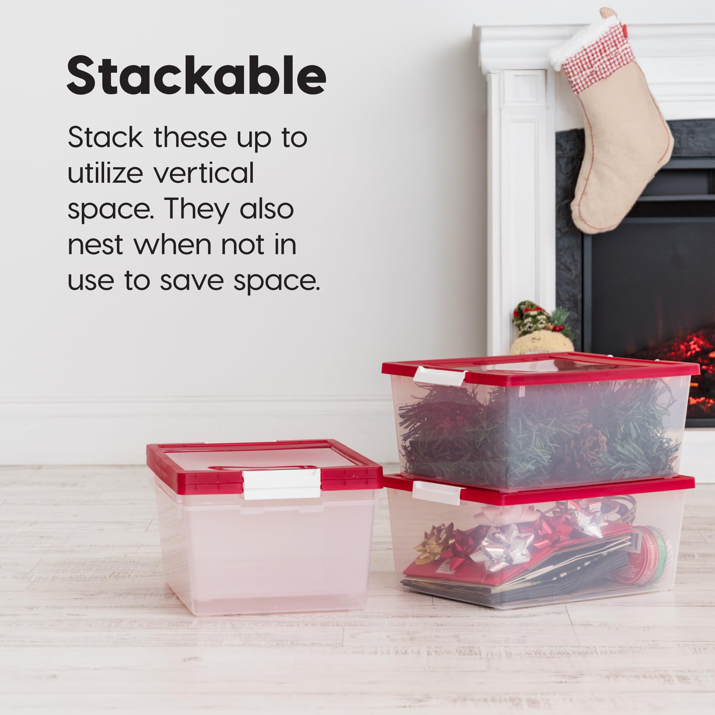 IRIS USA stackable storage bin designed for home or office use to save space.