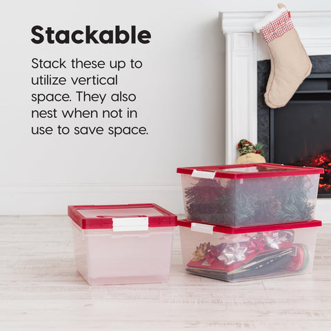 IRIS USA stackable storage bin designed for home or office use to save space.