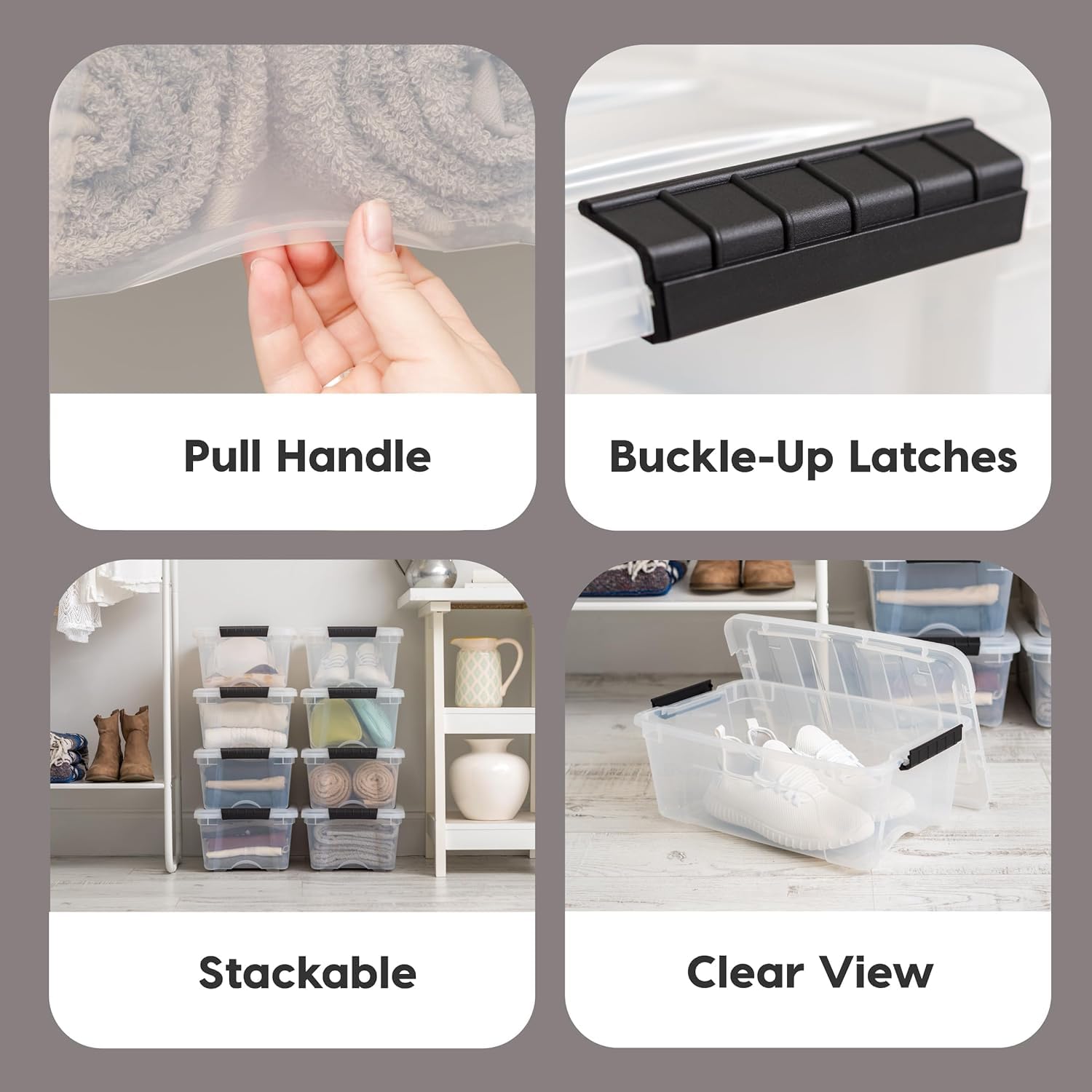 IRIS USA stackable storage box saving shelf space.