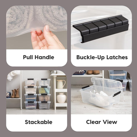 IRIS USA stackable storage box saving shelf space.