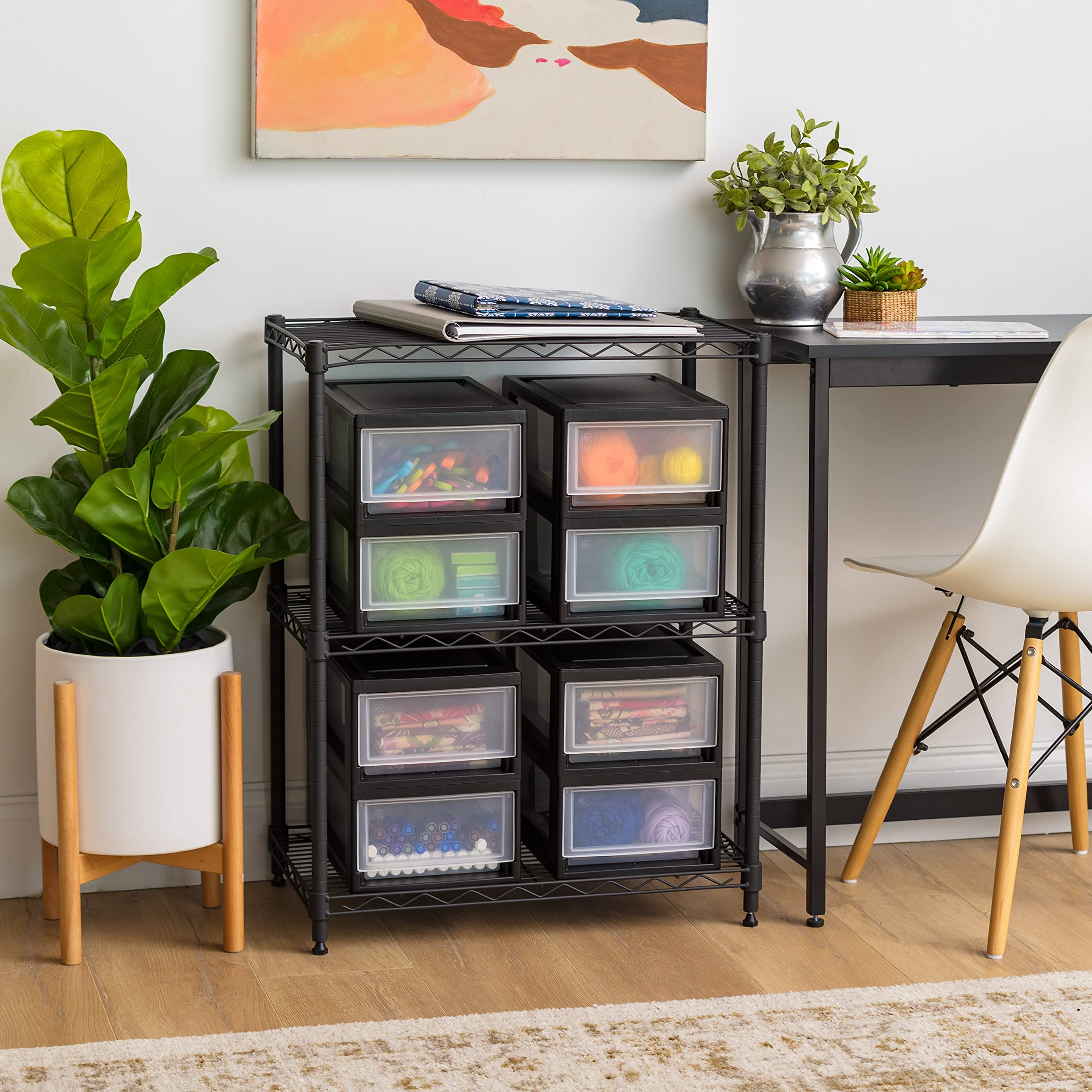 IRIS USA stackable storage system adapts across rooms.