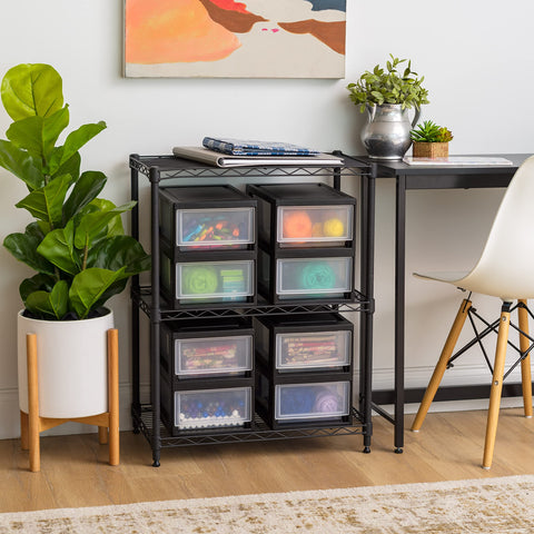 IRIS USA stackable storage system adapts across rooms.