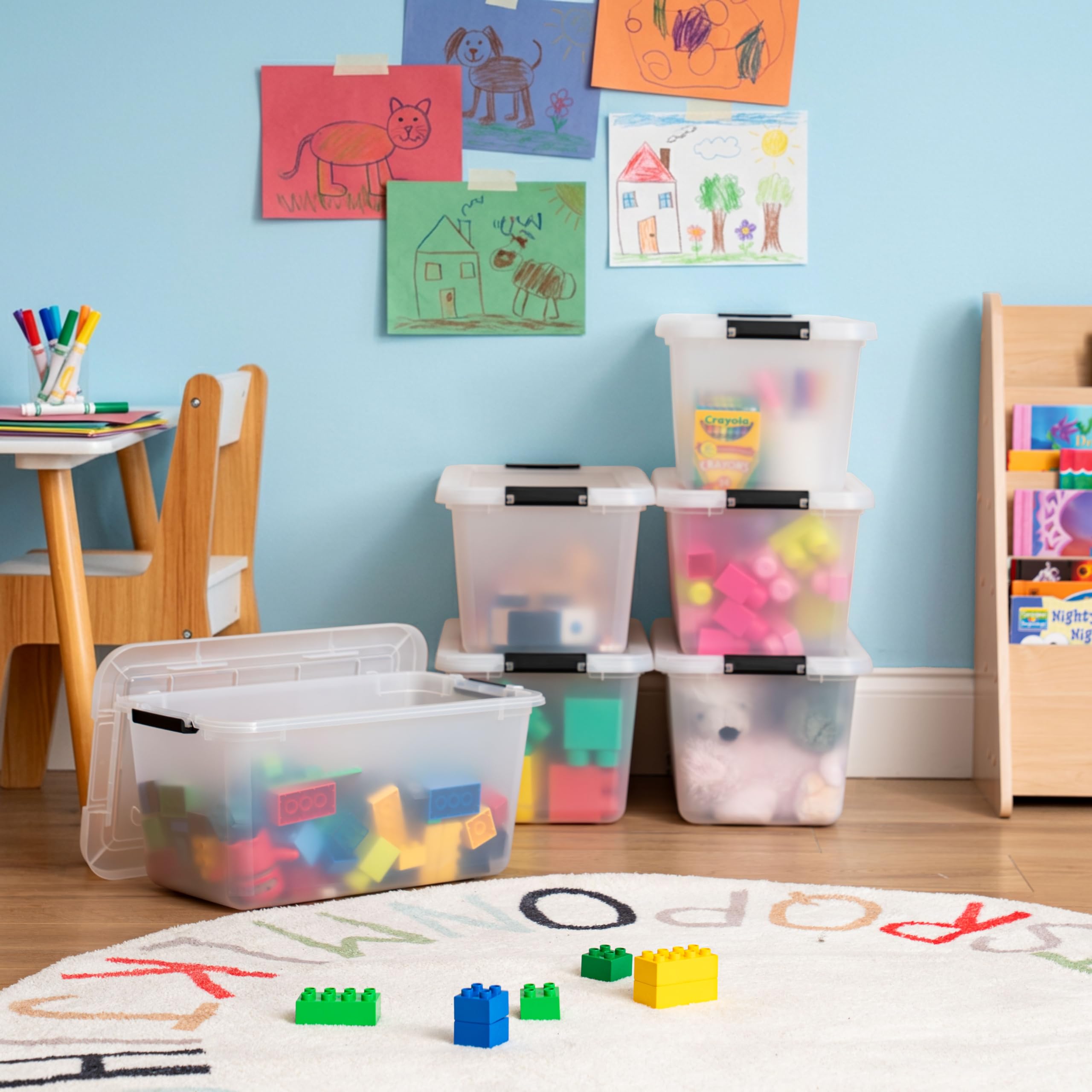 IRIS USA stackable storage on a classroom shelf.
