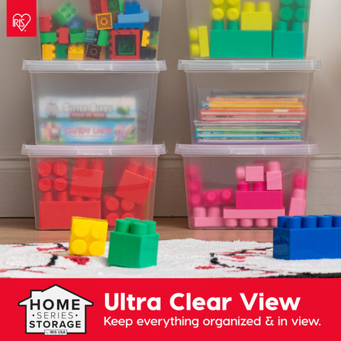 IRIS USA stackable storage on a shelf supports organized spaces.