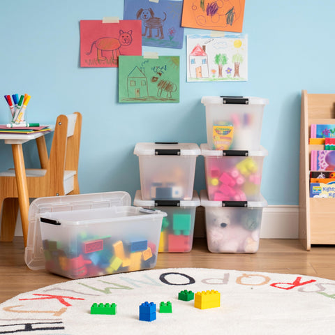 IRIS USA stackable storage on a classroom shelf.