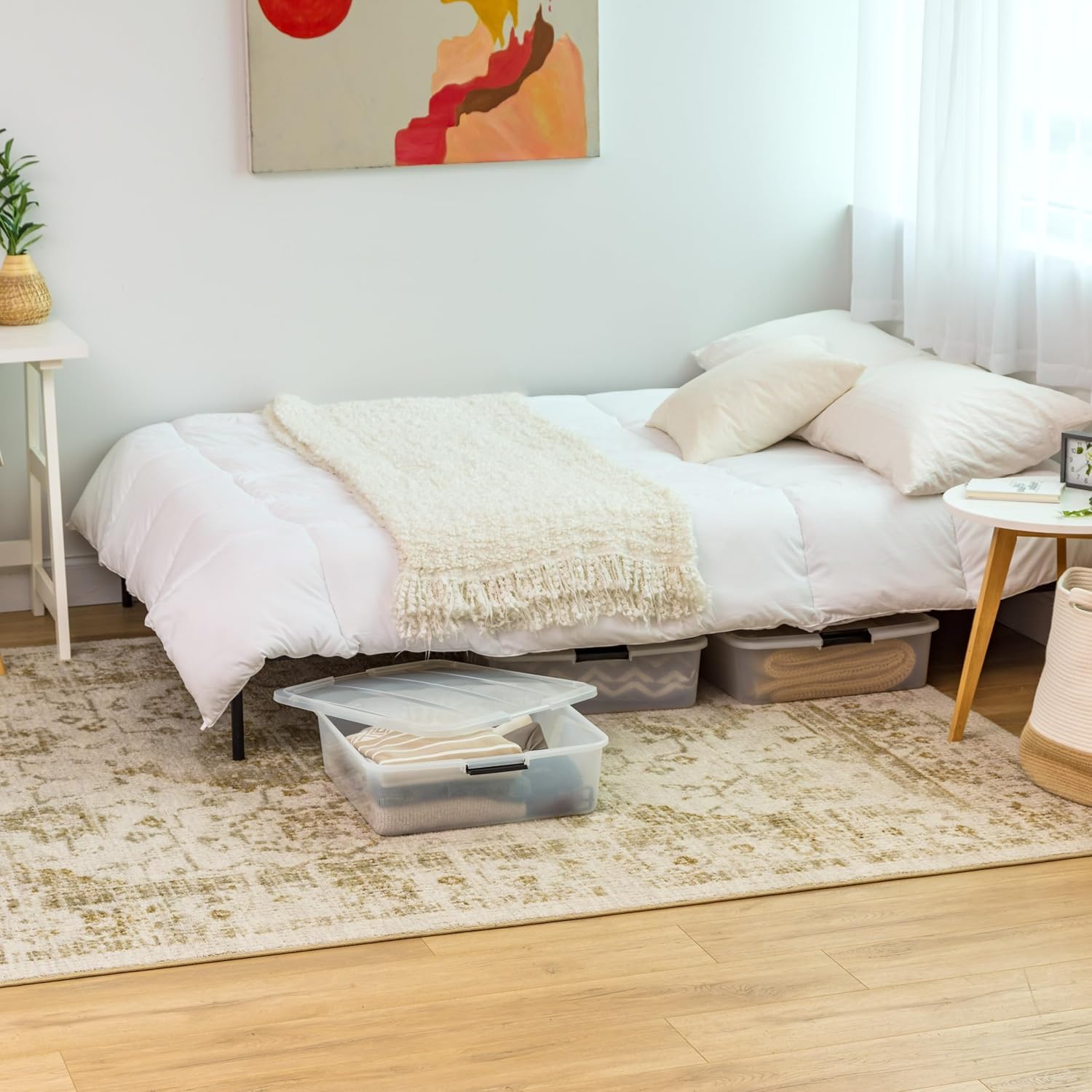 IRIS USA transparent bin ideal for seasonal items under bed