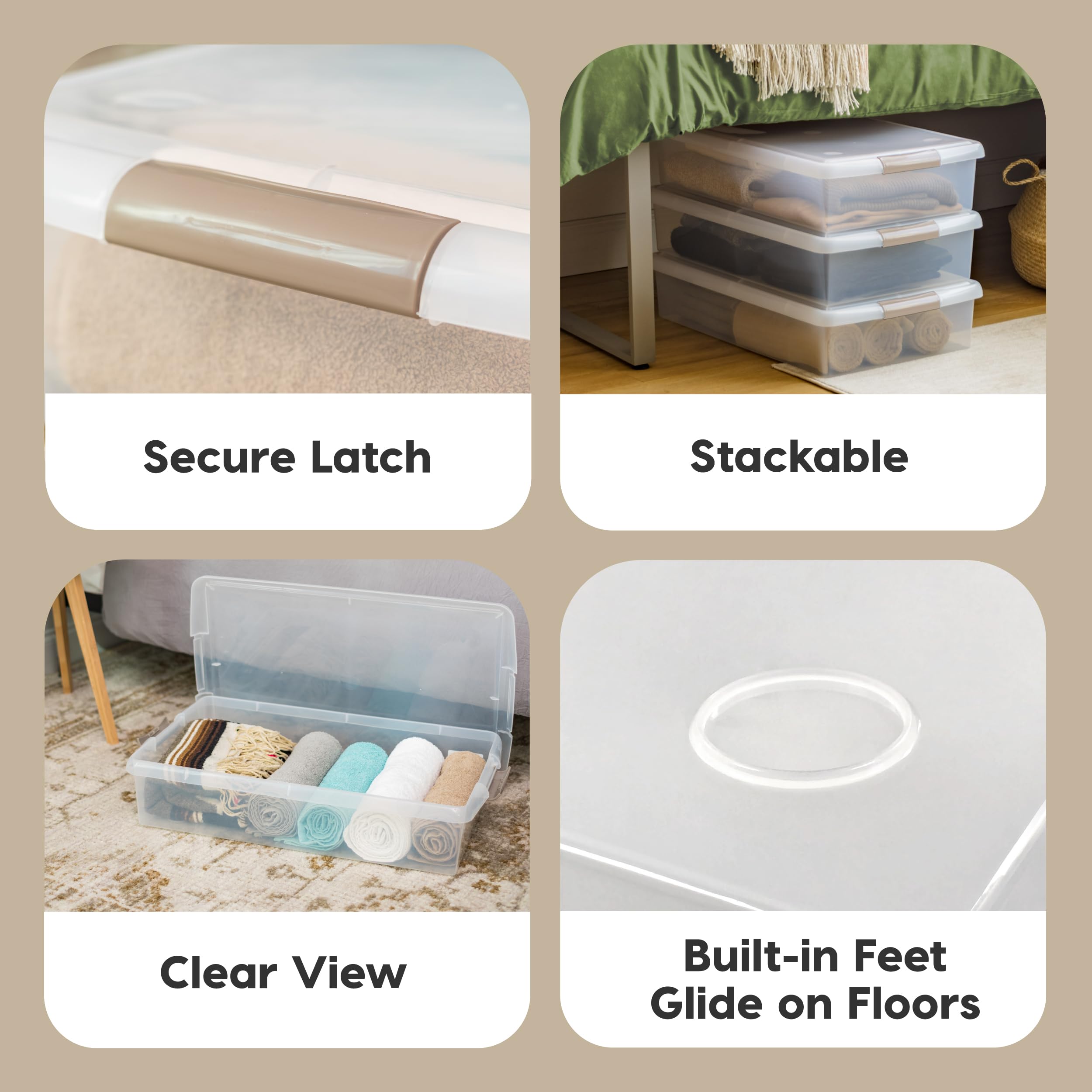 IRIS USA under-bed bin with secure lid keeps contents dry and protected.