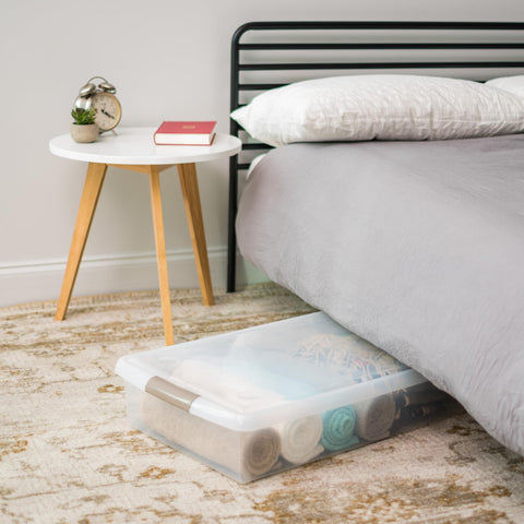 IRIS USA nestable storage bin saves space in closets and under beds.