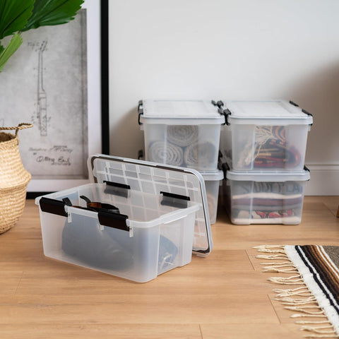 IRIS USA WeatherPro bin with clear body makes contents instantly visible.