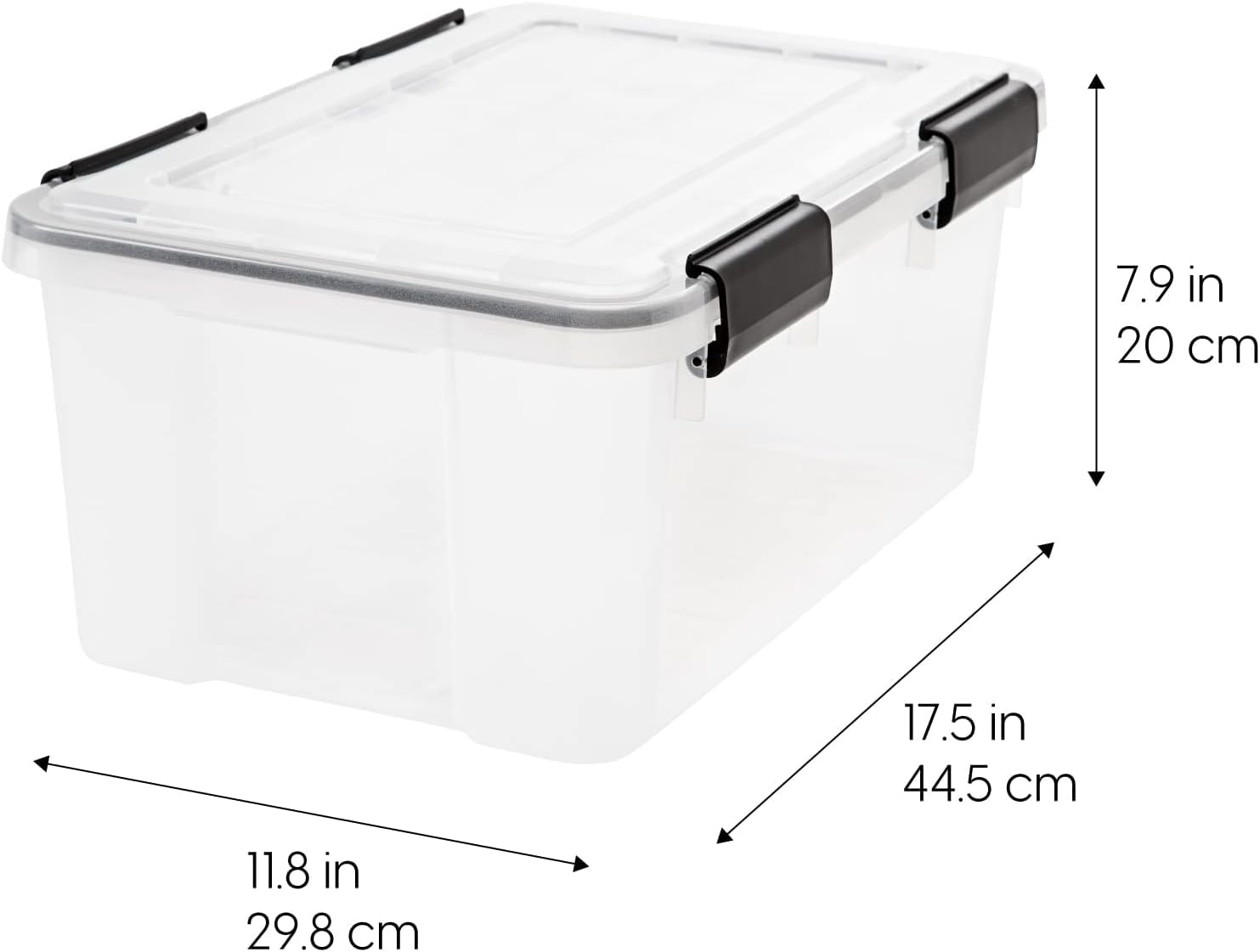 IRIS USA WeatherPro bin with latch ensures secure closure for documents and clothes.