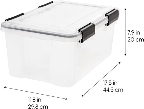 IRIS USA WeatherPro bin with latch ensures secure closure for documents and clothes.