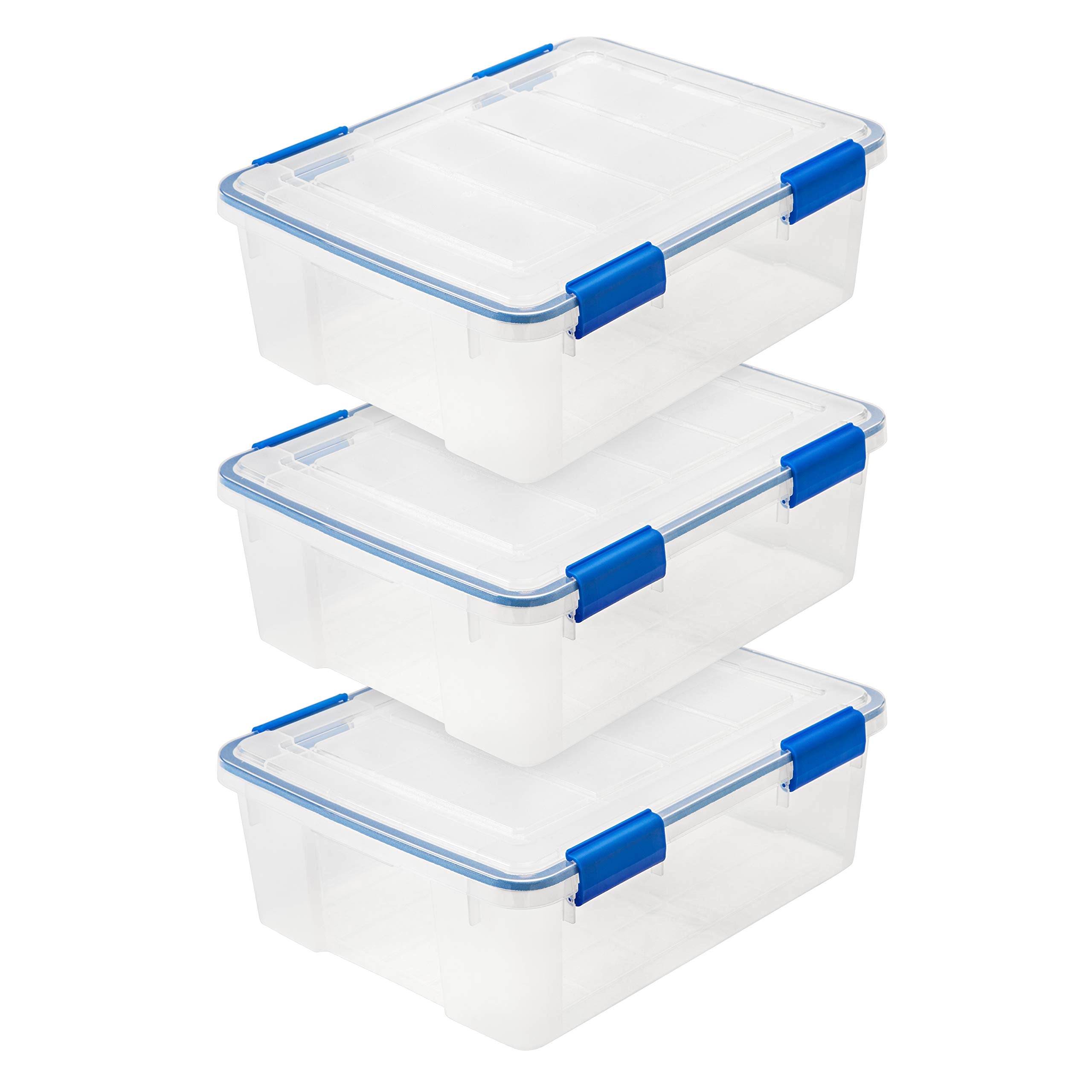 IRIS USA WeatherPro 27qt bin with lid closed provides moisture protection for valuables.