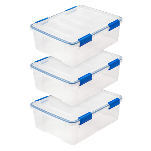 IRIS USA WeatherPro 27qt bin with lid closed provides moisture protection for valuables.