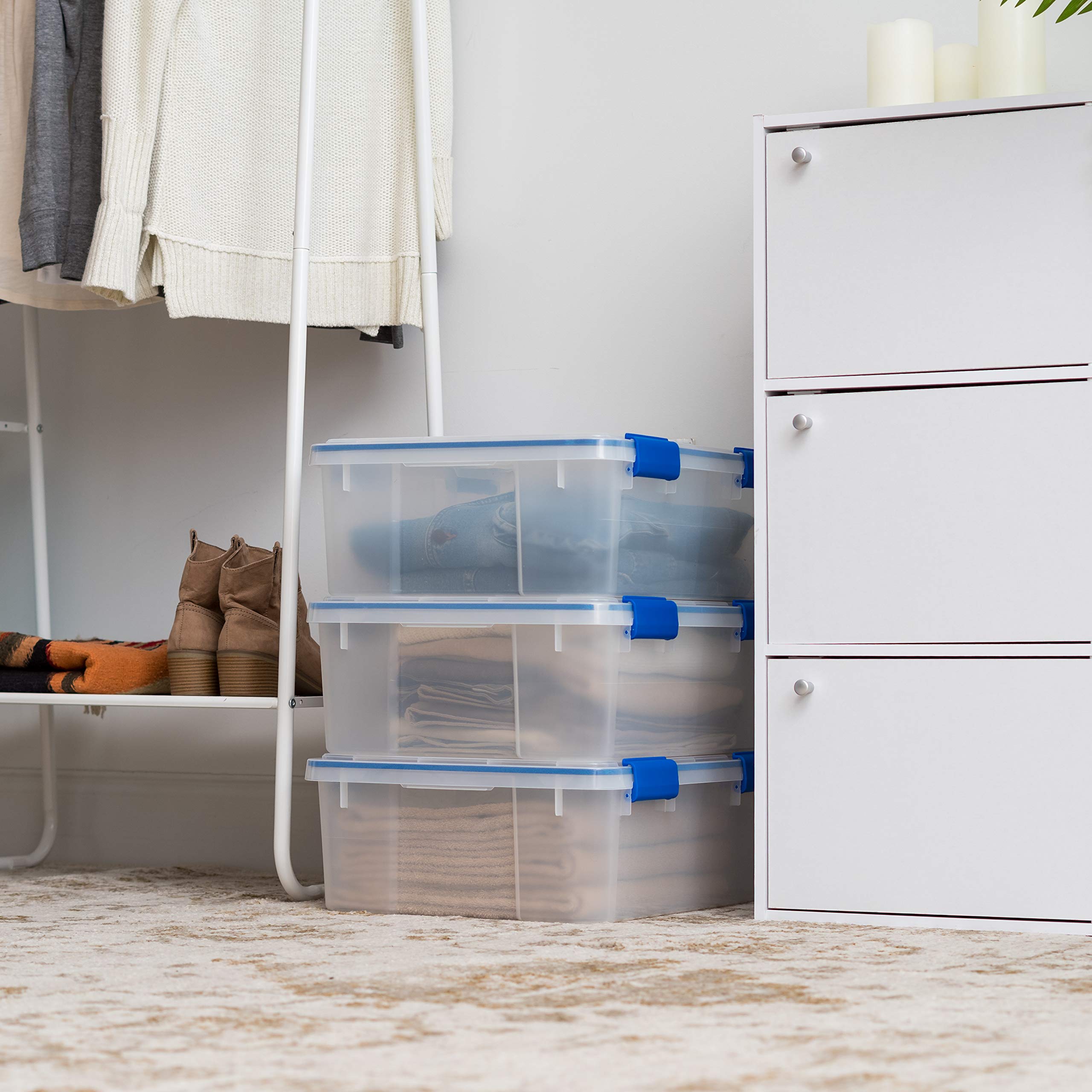 IRIS USA WeatherPro 3-pack clear blue bins ideal for pantry and gear.