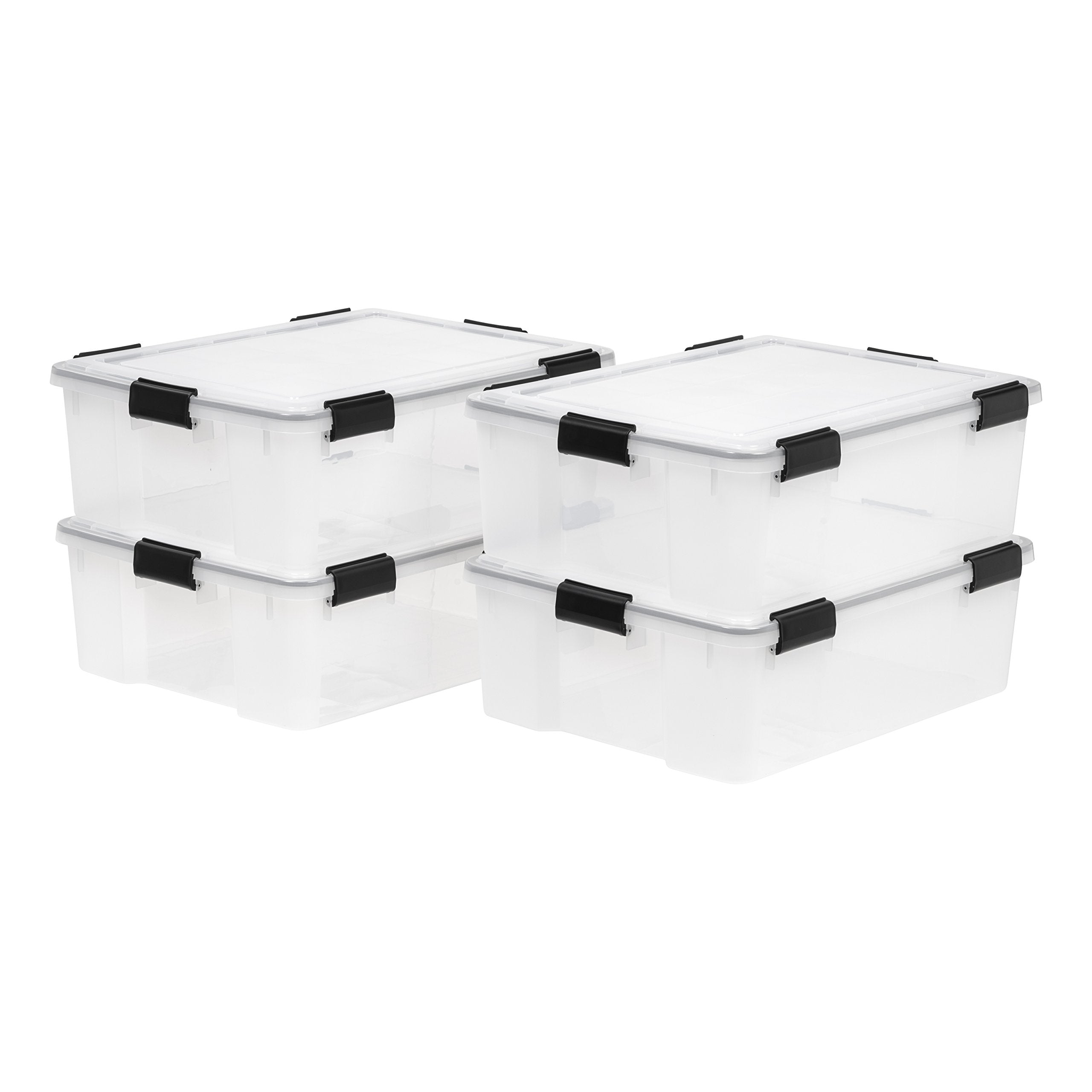IRIS WeatherPro 41 Qt bin with lid provides moisture protection.
