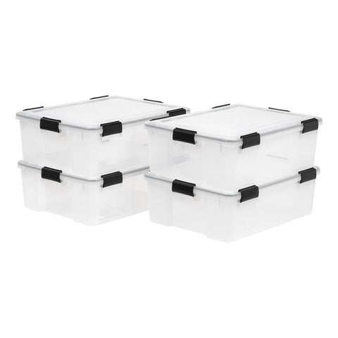 IRIS WeatherPro 41 Qt bin with lid provides moisture protection.