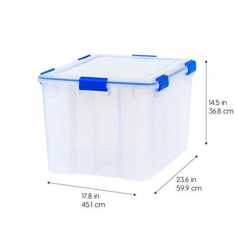 IRIS USA WeatherPro bin stackable design enables secure organization in cabinets or cars.