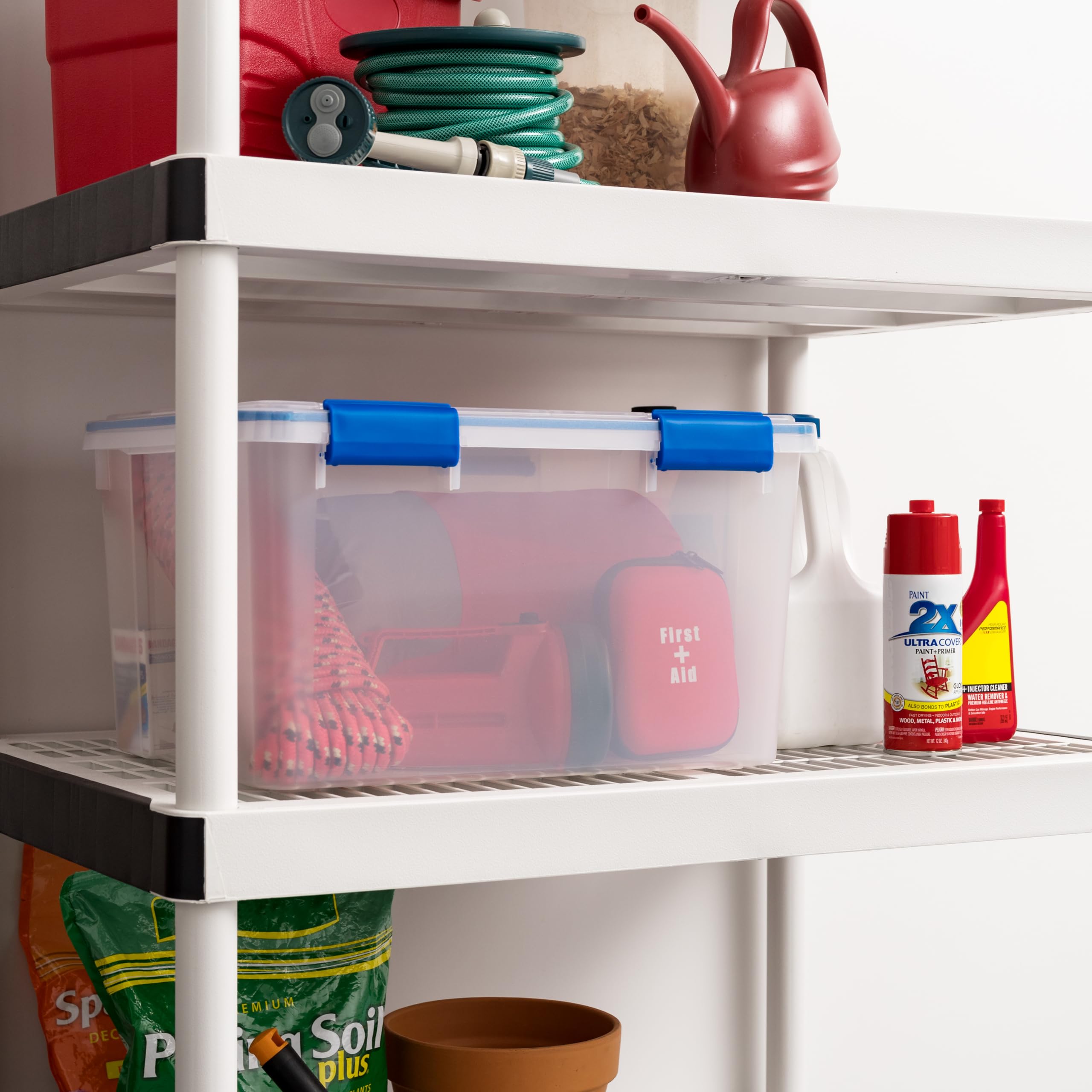 Clear blue WeatherPro bin demonstrates visibility of contents.