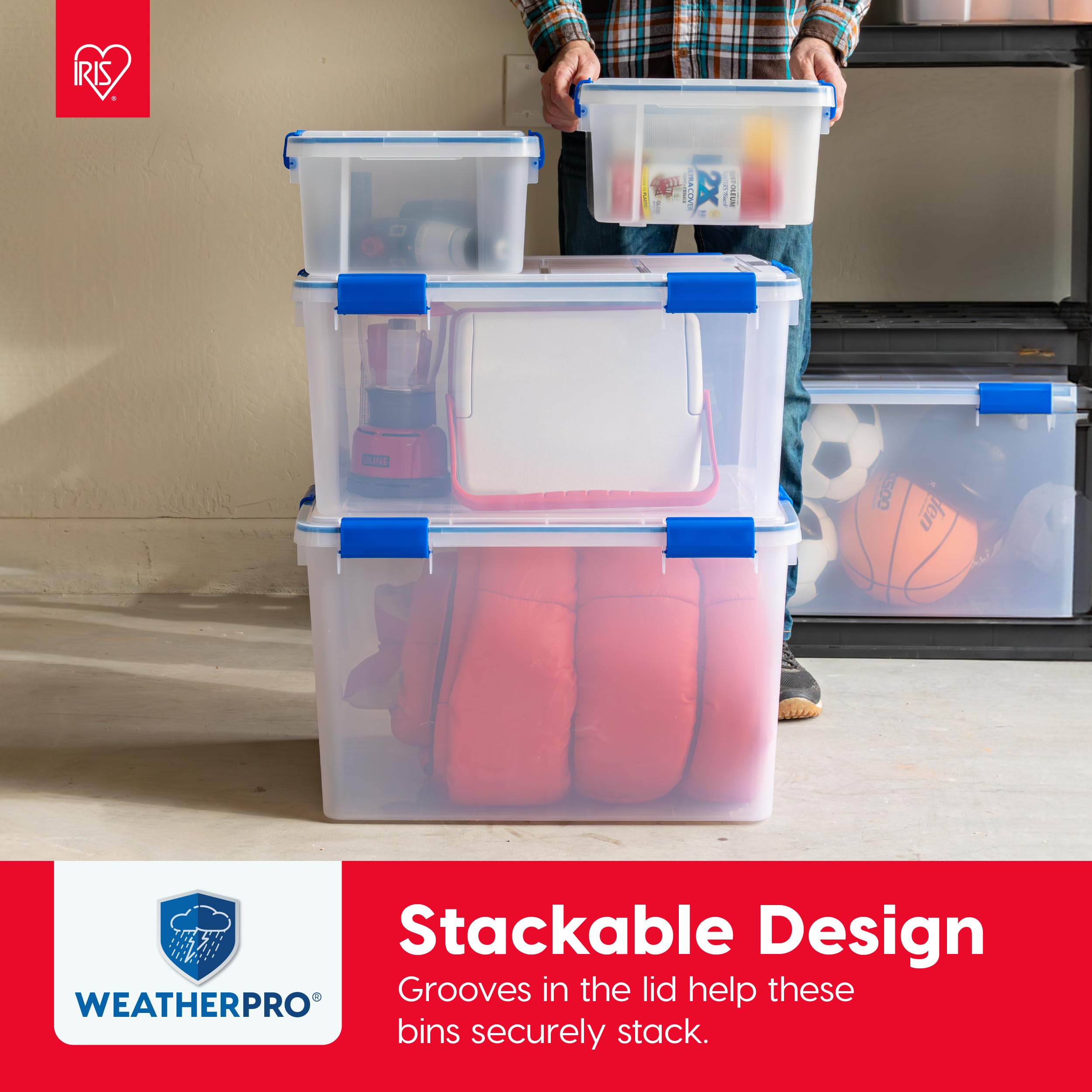Clear blue WeatherPro bin shows contents for easy identification