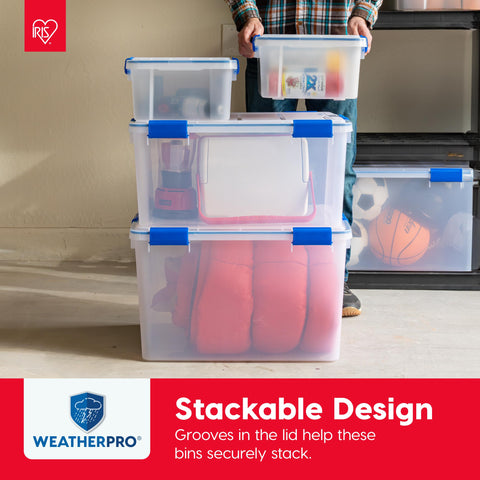 Clear blue WeatherPro bin shows contents for easy identification