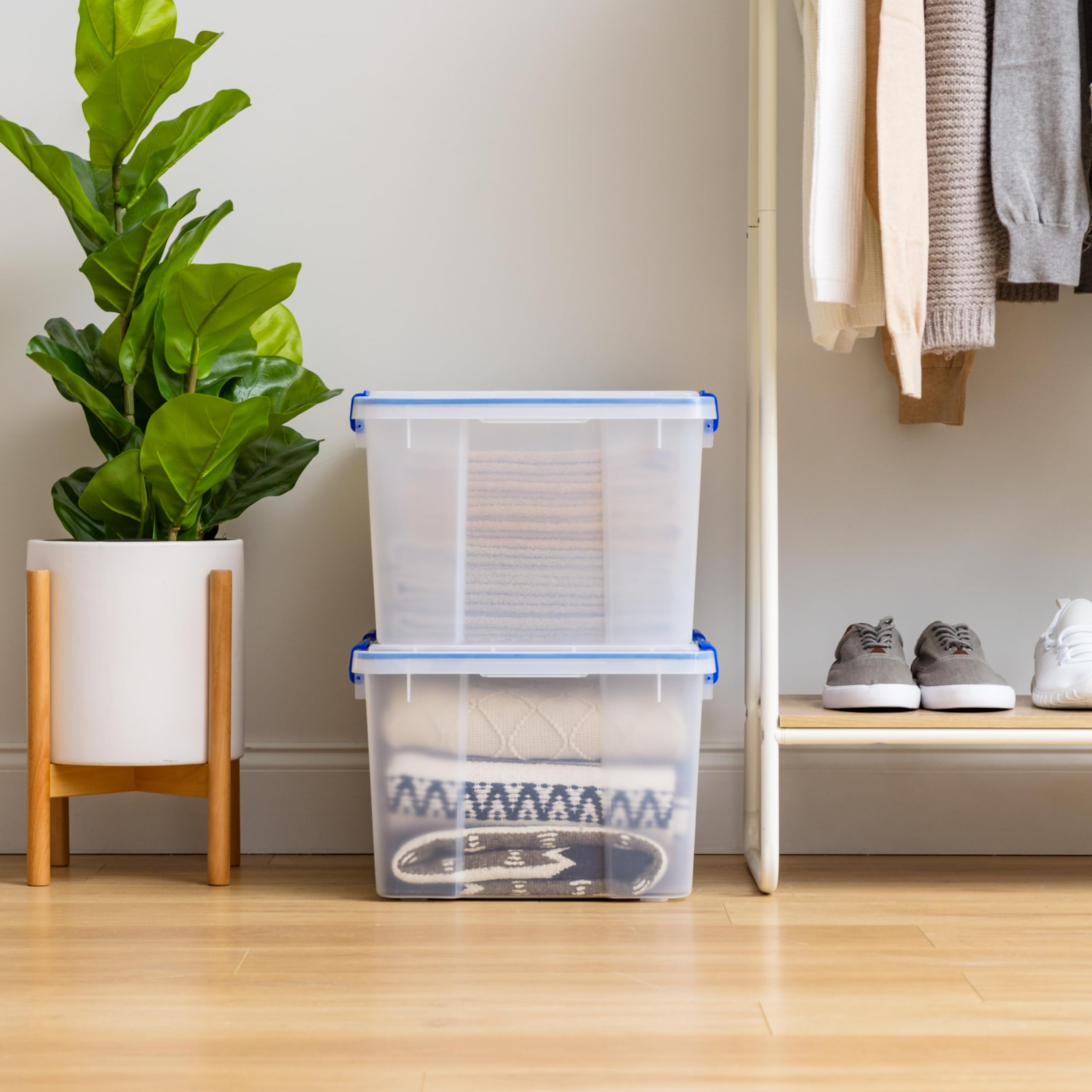 Two WeatherPro bins stacked neatly for space saving organization.