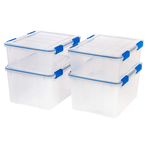 IRIS WeatherPro 27 qt bin with lid showing tight latch and moisture seal for safe storage.
