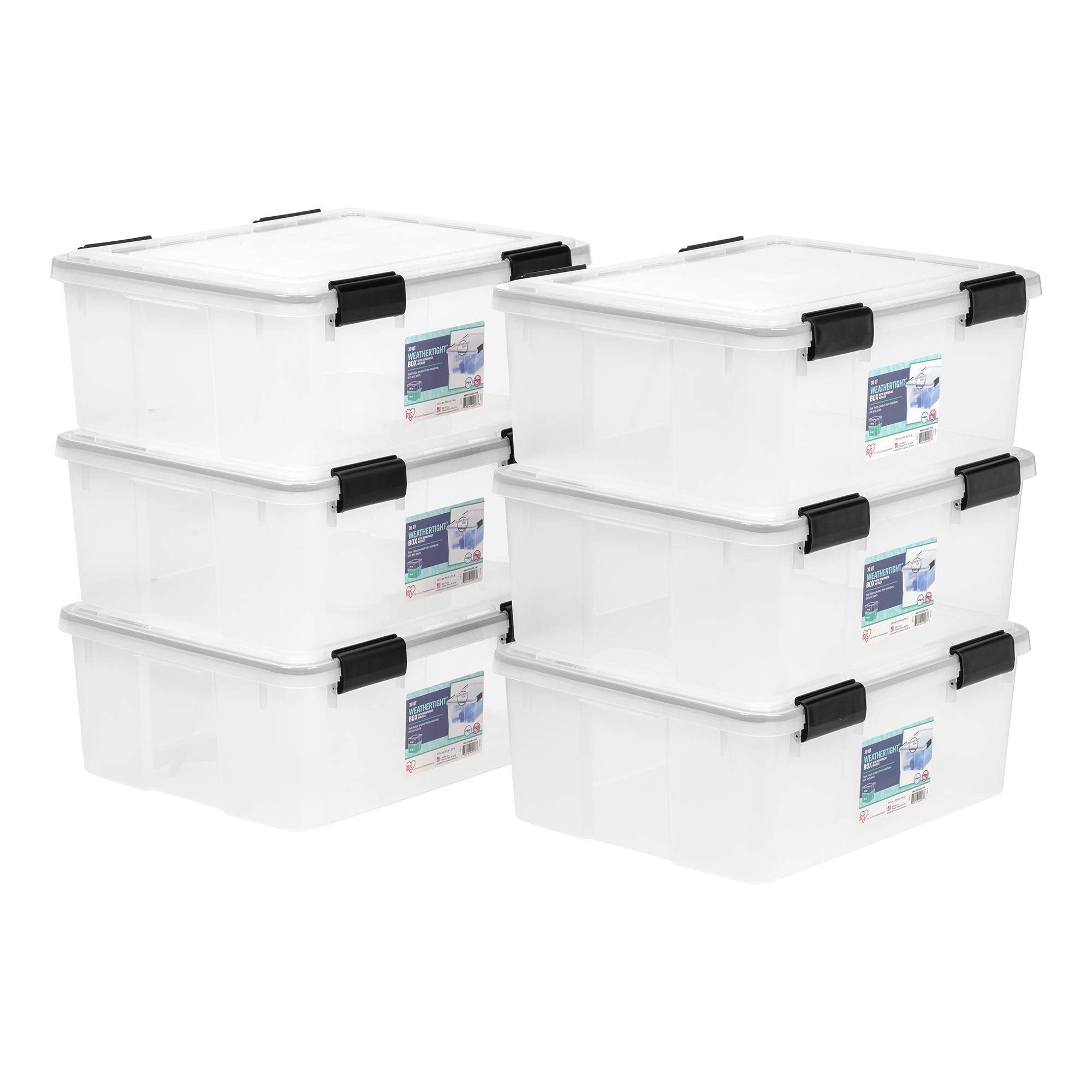 IRIS WeatherPro 31 Qt bin with lid showing secure latch for moisture-free storage.