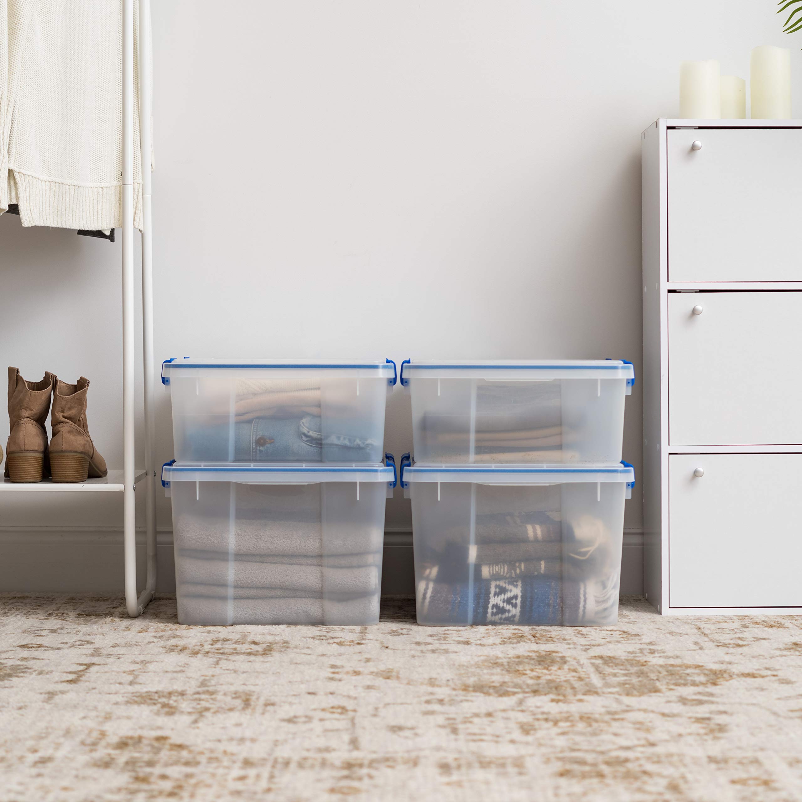 IRIS WeatherPro 44 qt tote with lid highlighting stackable grooved design for space saving.
