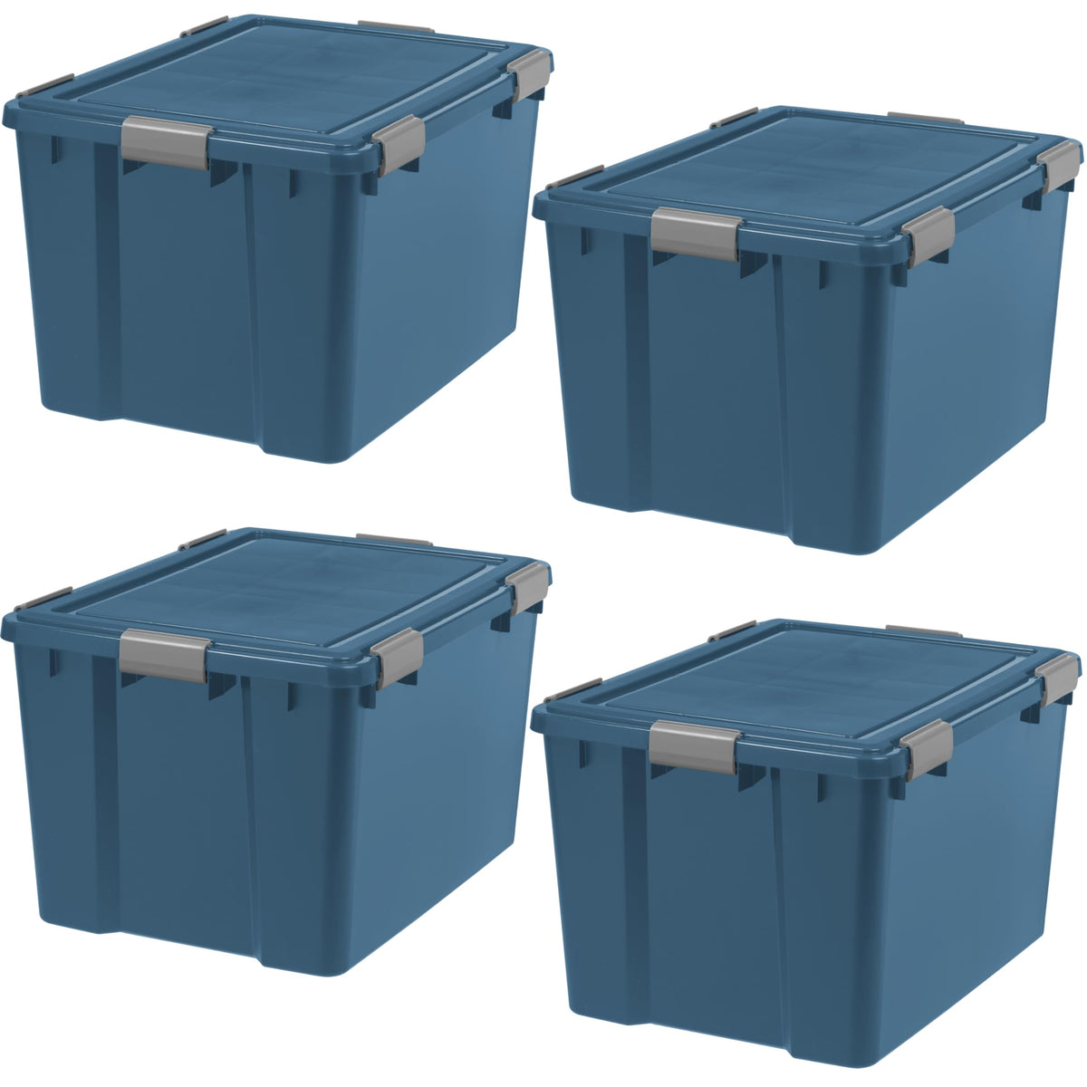 IRIS WeatherPro 74 Qt storage bin with navy lids showing airtight seal for protected contents.