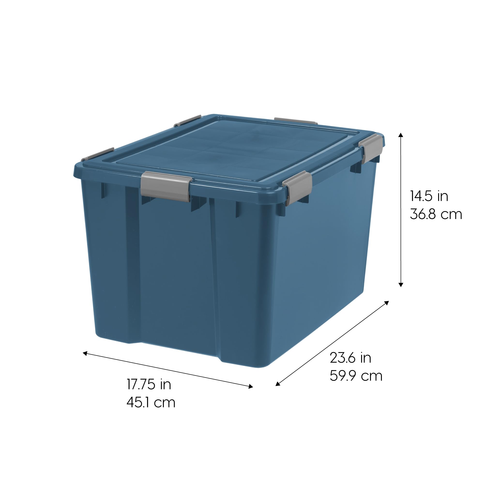 IRIS WeatherPro navy stackable bin demonstrating stable, space-saving organization.