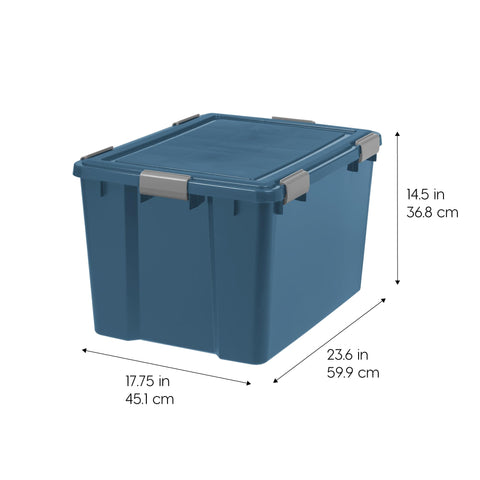 IRIS WeatherPro navy stackable bin demonstrating stable, space-saving organization.