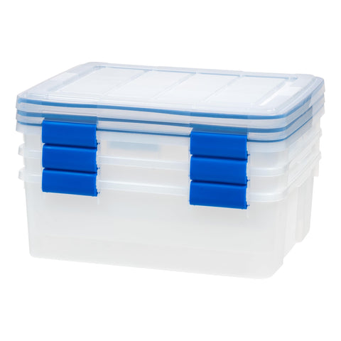 IRIS WeatherPro bins in closet or garage setup for versatile organization.