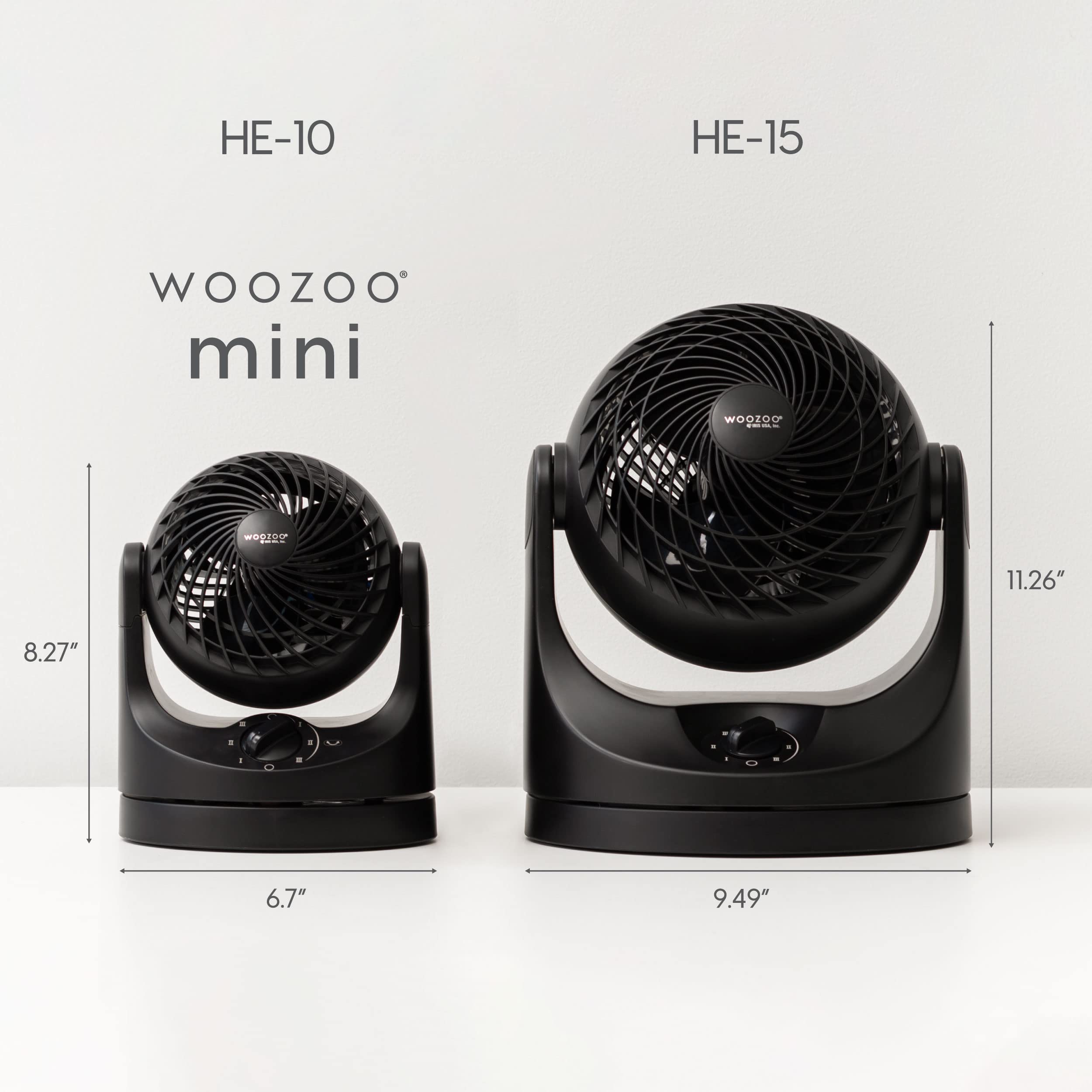 IRIS USA WOOZOO desk fan at 65 degrees provides broad airflow coverage.