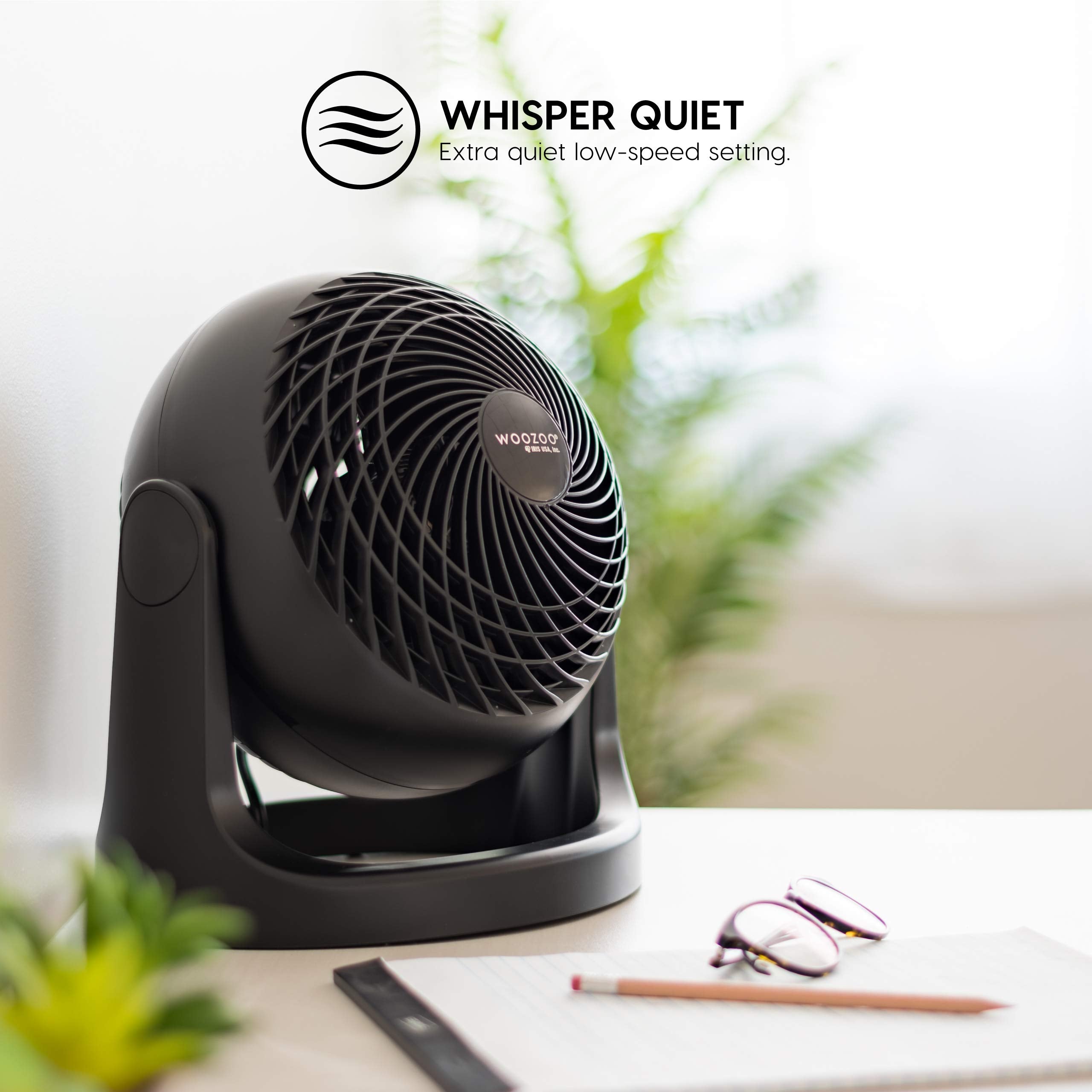 IRIS USA WOOZOO desk fan with tilt-head adjustment directs airflow precisely where needed.