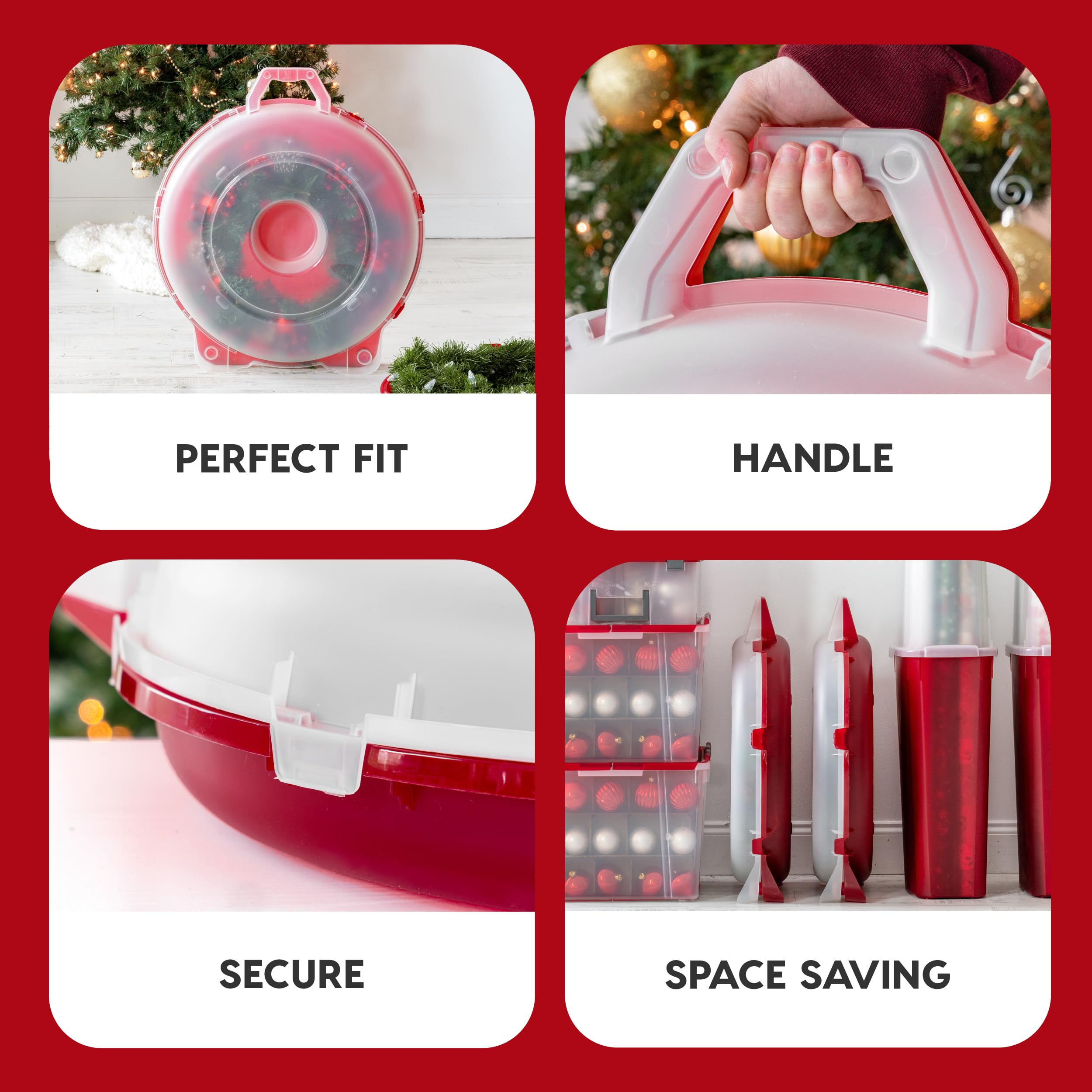 IRIS USA 24-inch wreath storage container with six latches for secure closure.